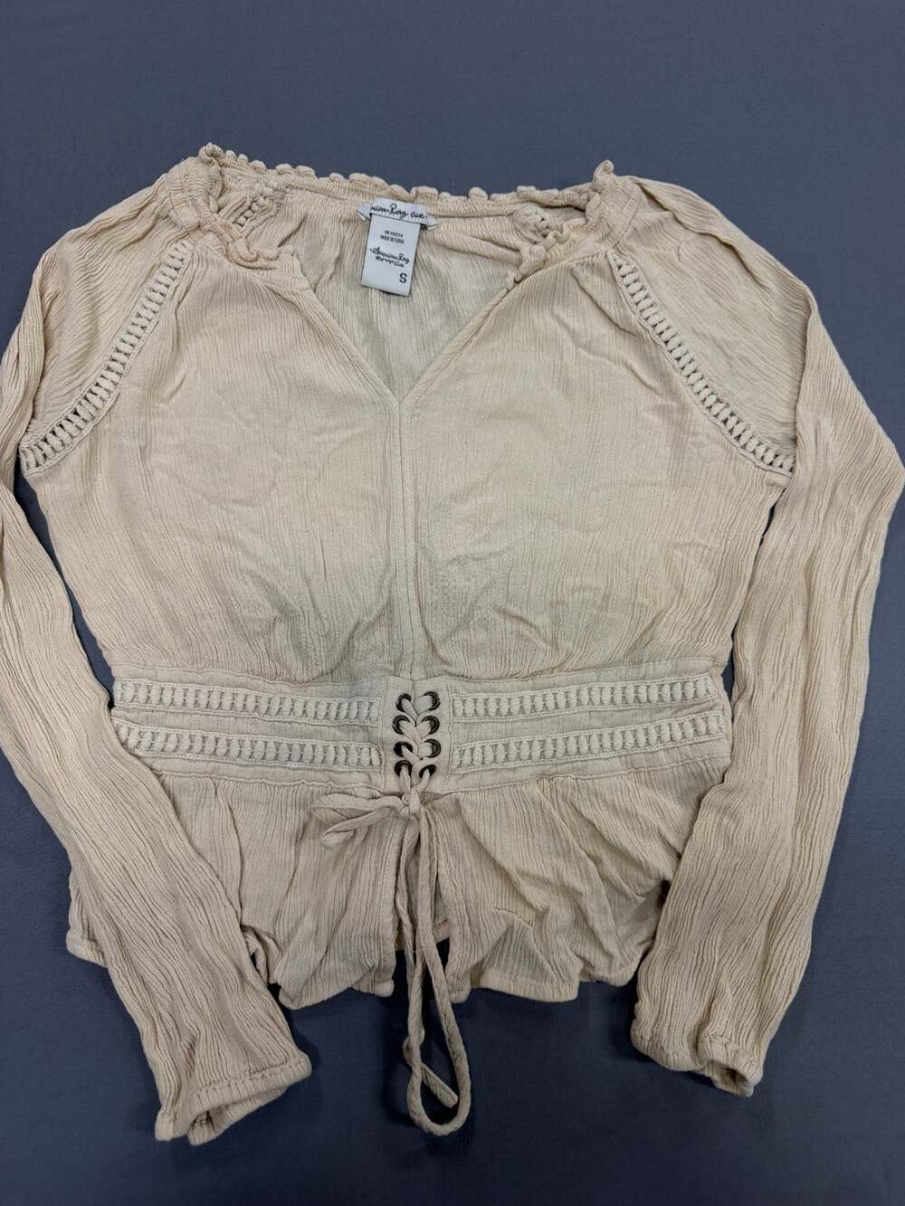American Rag Cie Women's Small Beige Boho Lace Up Corset Waist Long Sleeve Blous